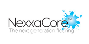 NexxaCore logo with the phrase "The next generation flooring" and a blue splash design on the right, representing your trusted flooring supplier in Louisiana and Mississippi.