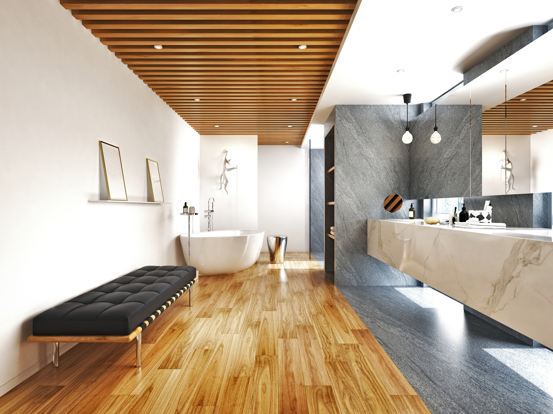 Modern bathroom with a freestanding bathtub, wooden ceiling beams, marble sink, and a black bench on polished wooden floors crafted by a leading flooring installation company.