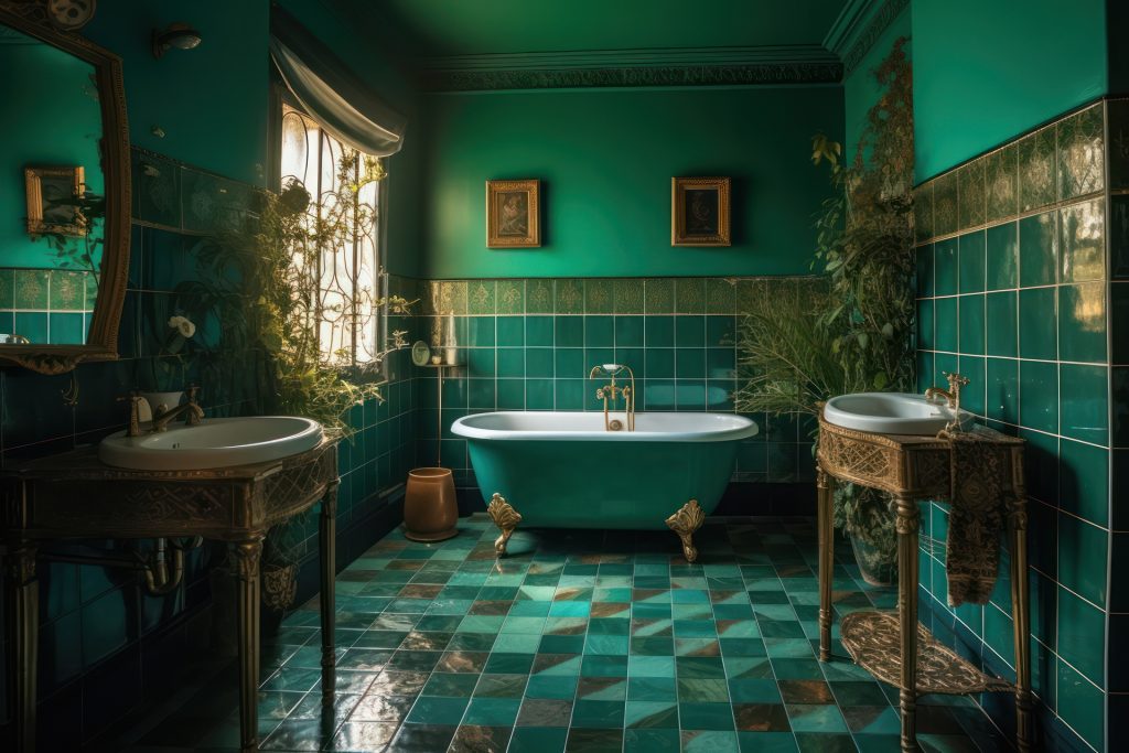 A luxurious bathroom with green tiled walls and flooring crafted by a renowned flooring company, featuring two sinks, a freestanding bathtub, and decorative plants.